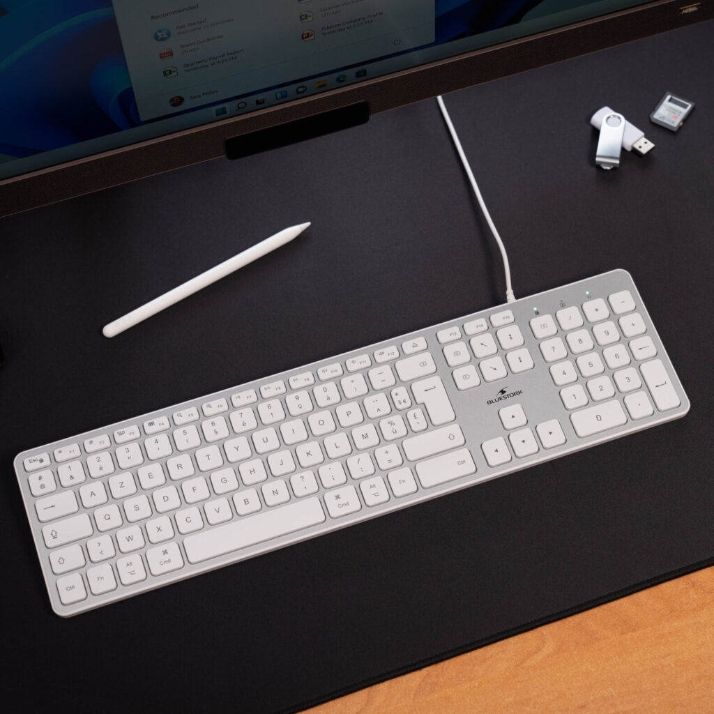 Bluestork Clavier Français AZERTY Filaire pour Mac - Touches Concaves et Silencieuses, 13 Raccourcis Multimédia, Adaptateur USB/USB-C