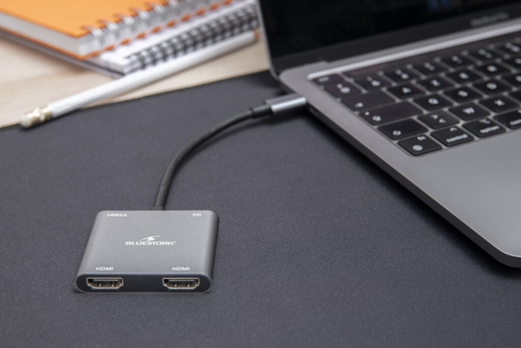 Bluestork - Hub USB C, 4 en 1 avec Power Delivery Charge 100W - Adaptateur USB C vers HDMI - Connexion 2 écrans en simultanée Via Double HDMI - 1x Hub USB 3.0-1x Dock USB C - Windows – New