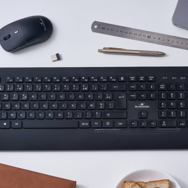 Bluestork - KB Office R2 - Clavier sans Fil AZERTY, Double Connexion Bluetooth / 2.4 Ghz, Clavier Bluetooth PC, Rechargeable USB-C, 70h autonomie, Léger, Silencieux - Windows/Tablettes/Mobiles